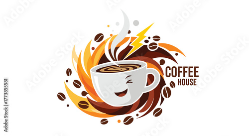 Energetic coffee house logo design with a smiling coffee mug, swirling brown and orange colors, steam, coffee beans, and a yellow lightning bolt, conveying a lively caffeine boost.