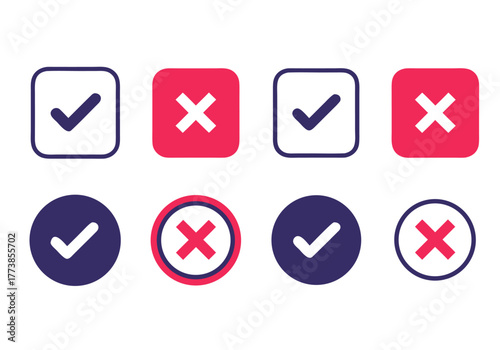 Set of checkmark and cross icons in squares and circles, representing confirmation and denial, a digital design