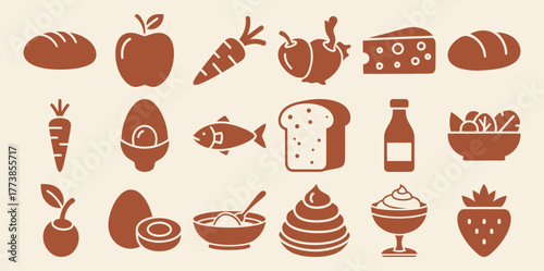 Charming chocolate colored solid food icons featuring apple carrot bread cheese fish egg milk bottle and salad bowl for culinary projects