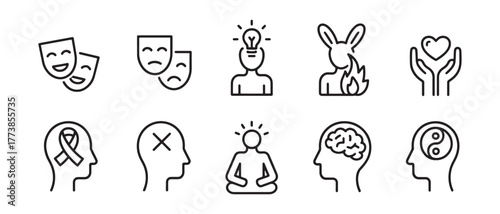 Mental Health Awareness and Emotional Wellness Line Icons Set Concept