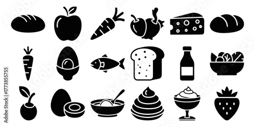 Collection of solid black food icons including apple carrot bread cheese fish egg milk bottle and salad bowl for culinary and healthy eating designs