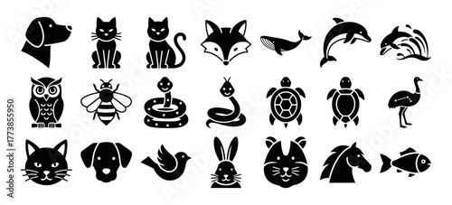 Charming solid filled tiny animal tattoo icon set featuring cat dog fox whale dolphin owl snake and bee designs for creative projects