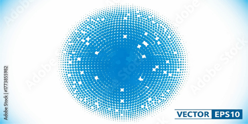 A vibrant blue disco ball with stars in a digital halftone pattern tunnel creates an energetic, abstract technology design wallpaper