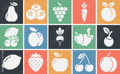Solid filled icon set featuring a variety of garden fruits including apple strawberry lemon cherry blueberry peach pear and grapes in multiple dark color variants