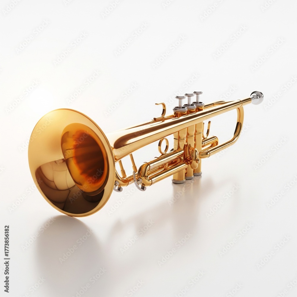 Obraz premium Elegant Golden Trumpet Instrument Isolated on White Background Studio Lighting