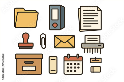 Essential business and office administration icons for documents, filing, mail, and time management