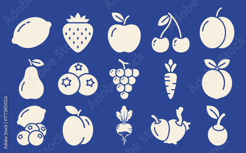 Collection of solid filled garden fruit icons including apple strawberry lemon cherry blueberry peach pear and grape on a blue background