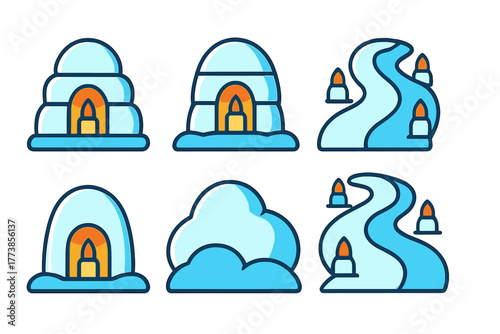 Arctic winter landscape elements including igloos, snowdrifts, and winding frozen paths