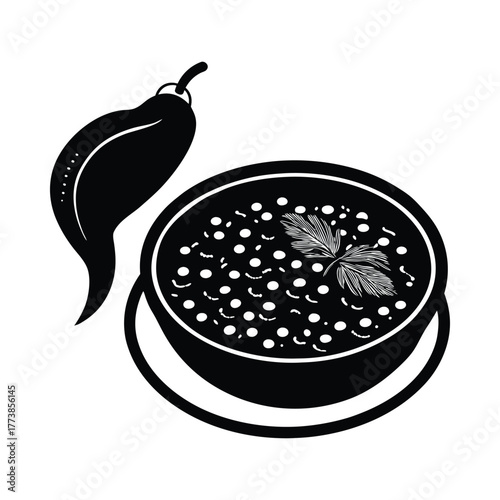 Black and white illustration of a bowl of food with a chili pepper garnish