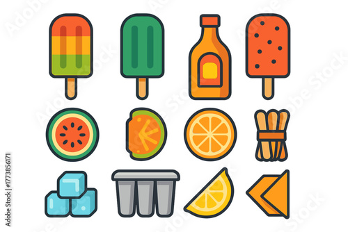 Collection of summer refreshment icons including frozen popsicles, ice cubes, fruit slices, and a beverage bottle