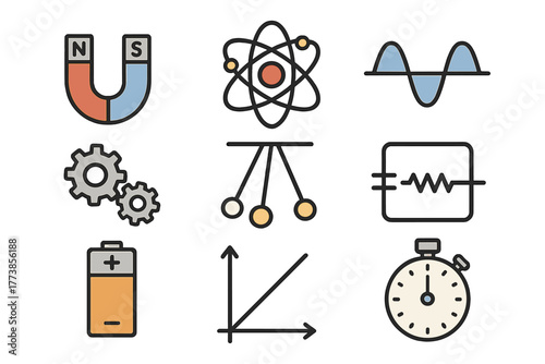 Set of physics and science symbols representing atom, magnet, gears, battery, and time measurement