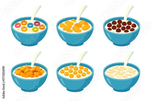 Six different types of breakfast cereals served in blue bowls with milk and spoons on a white background