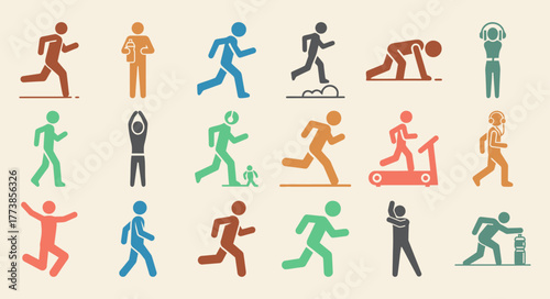 Comprehensive solid filled runner icon set showcasing diverse athletic activities with multiple color fill variations for versatile design applications