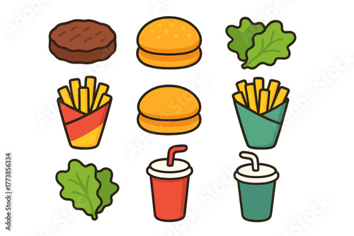 Classic fast food ingredients and meal components including burger buns, meat patty, lettuce, french fries, and soda drinks