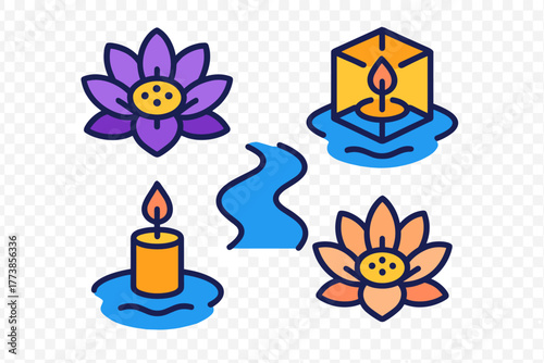 Colorful floating lotus flowers, burning candles, and stylized river stream icons collection