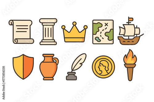 Set of historical symbols and ancient artifacts featuring a scroll, crown, map, ship, and column