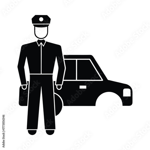 Black silhouette of a uniformed man with a briefcase and a car shirt pants