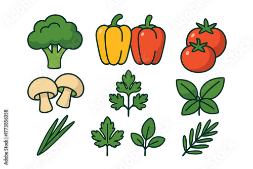 Fresh healthy food ingredients set including broccoli bell peppers tomatoes mushrooms and green herbs