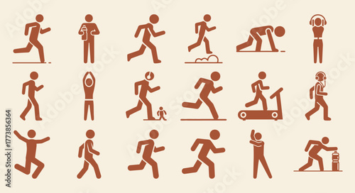 Solid black filled icon set illustrating various runner activities perfect for fitness apps sports websites and health related designs