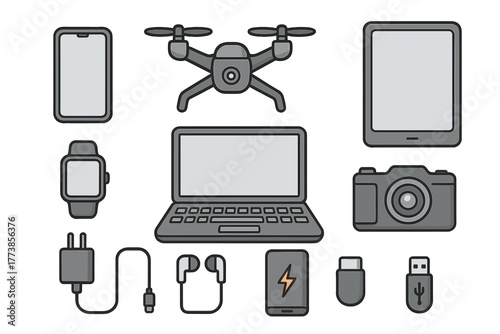 Collection of modern technology gadgets and digital accessories outline icons