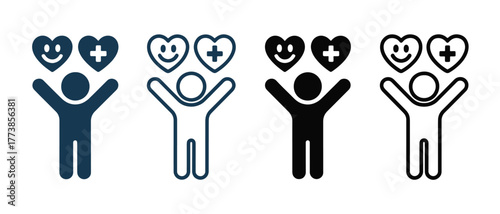 Person with outstretched arms holding hearts with smile and plus sign