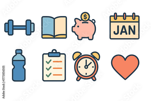 Health and wellness icons set for fitness, finance, education, and planning
