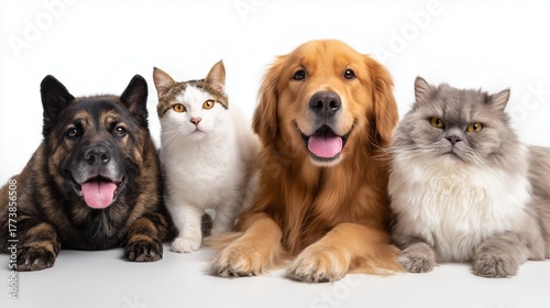 Dogs and cats happily posing together for a playful photo session in a studio