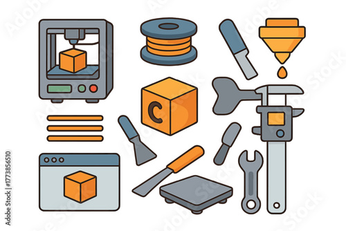 Set of icons representing additive manufacturing technology and related engineering tools