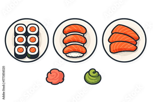 Japanese salmon sushi, nigiri, and sashimi served on plates with pickled ginger and wasabi paste