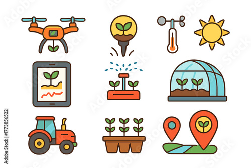 Smart farming agricultural technology icons featuring drone, sensor, irrigation, and greenhouse