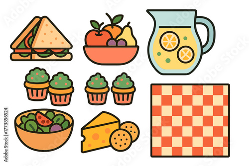 A collection of classic picnic food items including fresh fruit, lemonade, sandwich, salad, cheese, and cupcakes