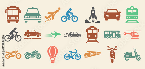 Comprehensive collection of solid filled transportation icons featuring cars bicycles airplanes and trains in various vibrant colors for diverse design projects