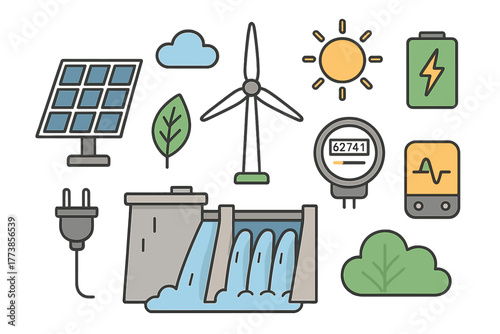 Renewable energy icons set featuring solar panel, wind turbine, hydroelectric dam, battery, and power meter