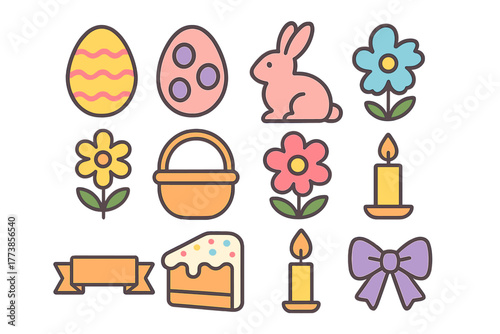Colorful Easter holiday set featuring eggs, rabbit, spring flowers, basket, cake, and candles