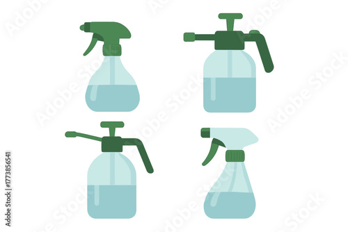 Set of clear plastic spray bottles and pressure pump containers for cleaning and gardening liquids