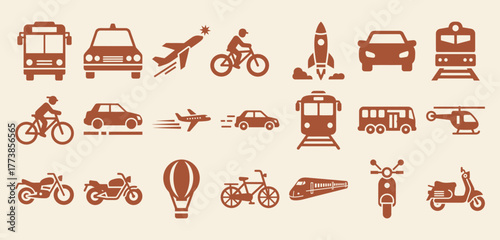 Comprehensive collection of solid filled transportation icons depicting cars driving bicycles riding airplanes flying and trains moving across various colorful backgrounds