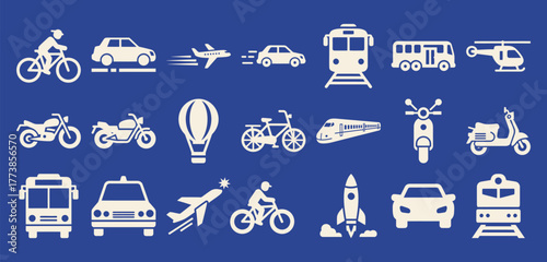 Comprehensive set of solid filled transportation icons showcasing cars bicycles airplanes and trains against a vibrant blue background for diverse design projects