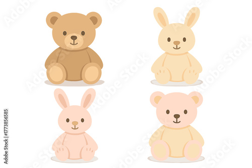 Adorable sitting plush teddy bears and soft toy bunnies for baby shower or nursery