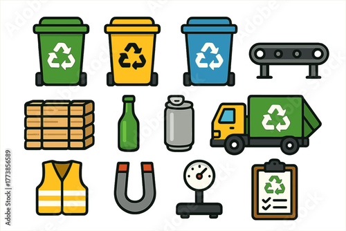 Recycling and waste management symbols showing bins, garbage truck, materials, and processing equipment
