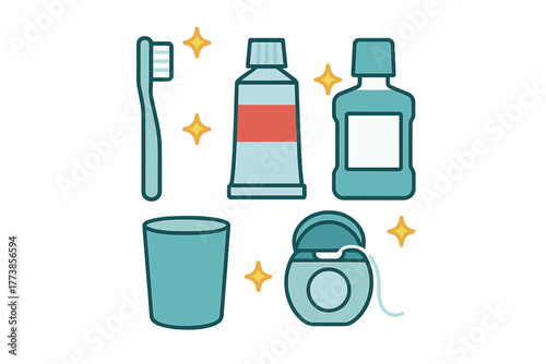 Essential oral hygiene products set including toothbrush, toothpaste, mouthwash, dental floss, and rinsing cup for daily dental care