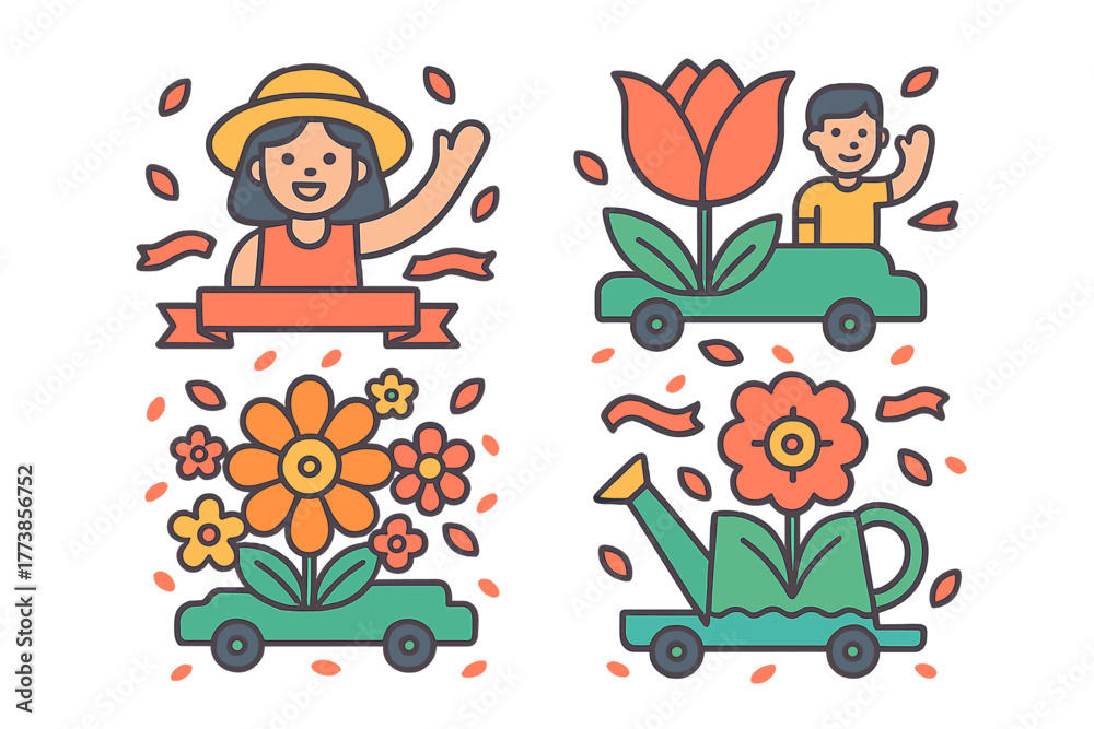Fototapeta premium Happy people riding in wagons with blooming flowers celebrating spring