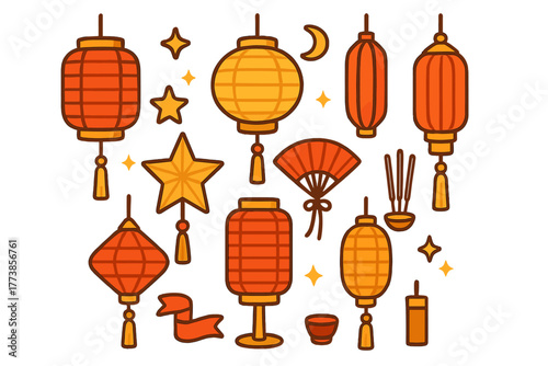 Collection of traditional Asian festival lanterns, folding fan, stars, and decorative cultural elements