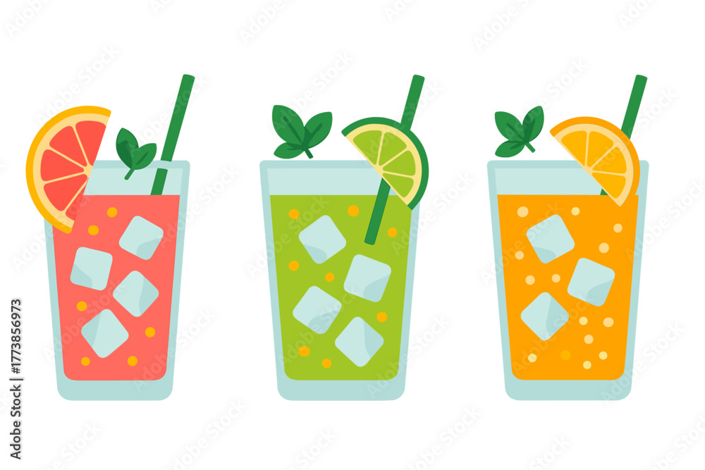 Fototapeta premium Three refreshing summer drinks with ice cubes and fruit slices in tall glasses