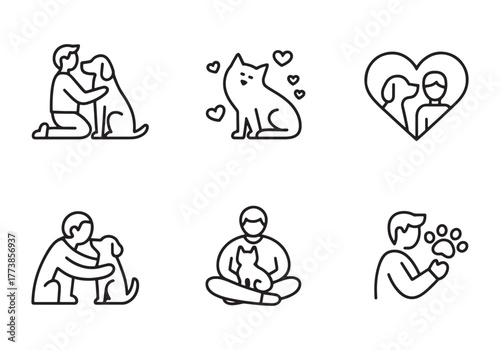 Minimalist line art illustration of people and their pets vector set