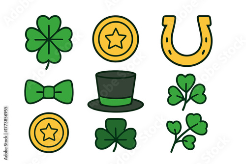 St. Patrick's Day symbols set with lucky four leaf clover, shamrock, gold coin, horseshoe, and top hat