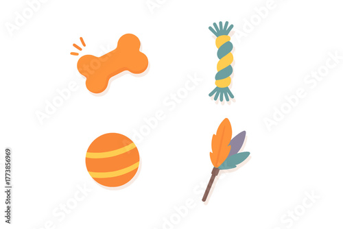Colorful collection of pet toys including dog bone, rope, striped ball, and feather wand