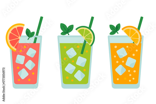 Three refreshing summer drinks with ice cubes and fruit slices in tall glasses