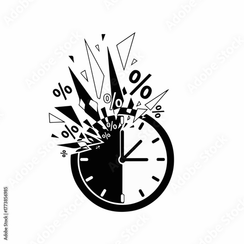 Time is running out, depicted by clock breaking apart with percentages flying out in monochrome. Time is running out as sales end and discounts expire, creating urgency.