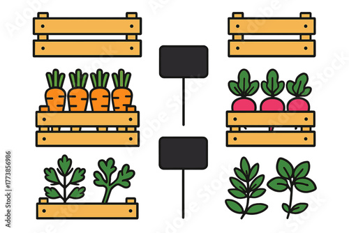 Fresh vegetables in wooden crates with blank signage for farm and garden planting