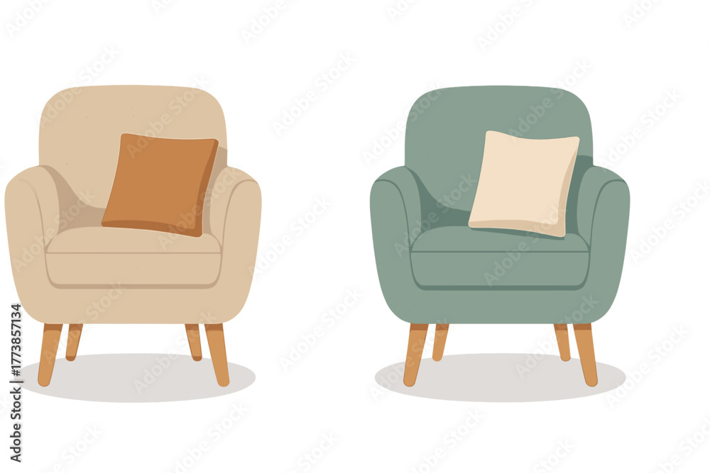 Fototapeta premium Two comfortable upholstered armchairs featuring wooden legs and contrasting throw pillows